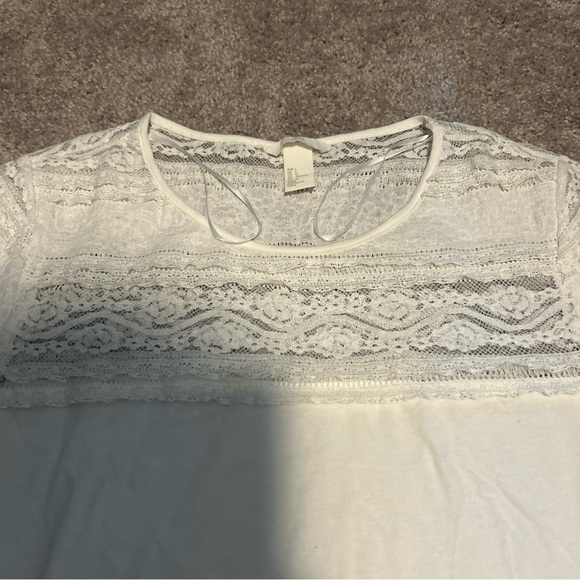 H&M Lace Trim Solid White Short Sleeve T-Shirt Slim Large Stretch 90s￼ - Picture 3 of 6